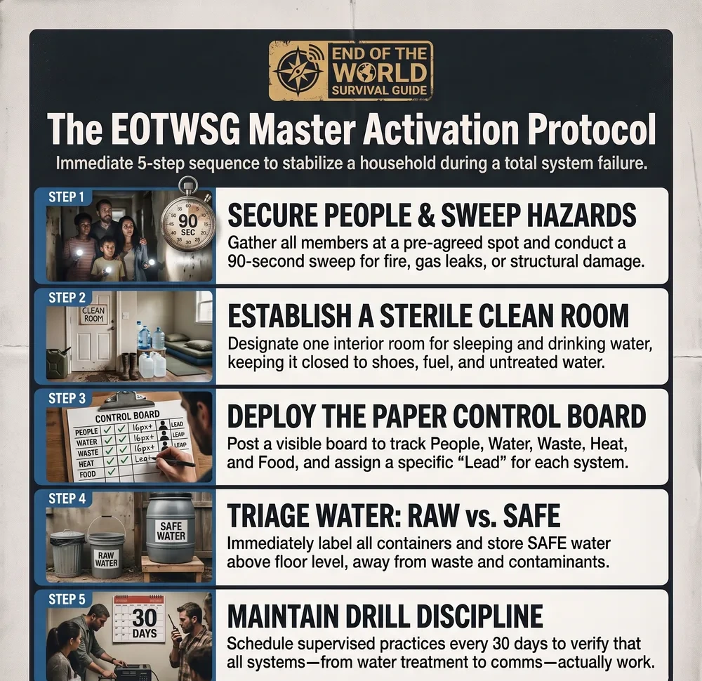 The EOTWSG Master Activation Protocol — the immediate 5-step sequence to stabilize a household