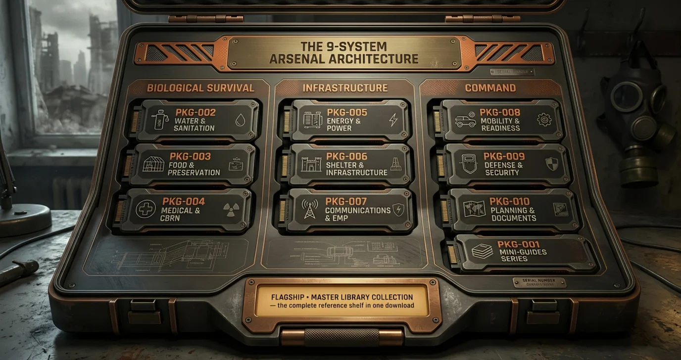 The 9-system arsenal architecture — biological survival, infrastructure, command, and the flagship Master Library Collection