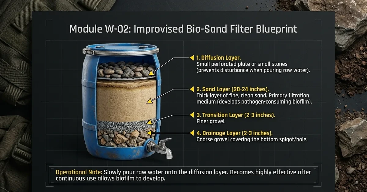 Module W-02: improvised bio-sand filter blueprint — diffusion, sand, transition, and drainage layers