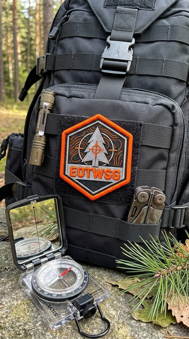 EOTWSG embroidered patch on a backpack with compass