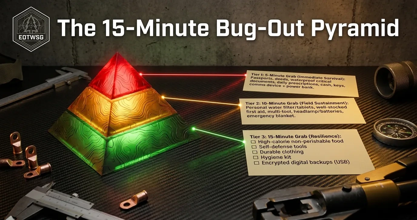 The 15-minute bug-out pyramid — tiered grab lists: 5-minute immediate survival, 10-minute sustainment, 15-minute resilience