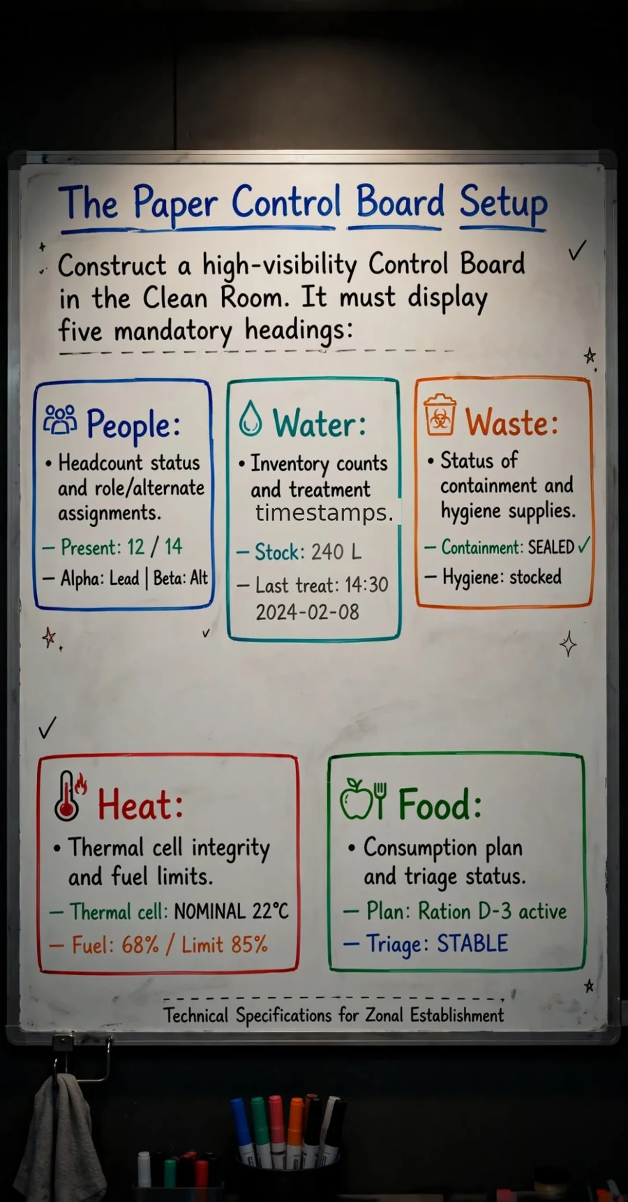Master Control Board Activation — the 0-to-72-hour household control board: people, waste, water, heat, food