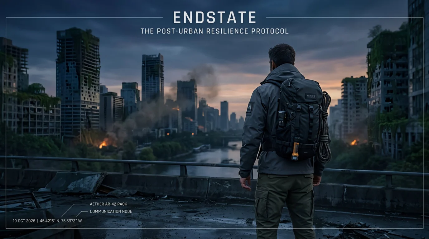 Endstate — the post-urban resilience protocol: lone operator overlooking a ruined city at dusk