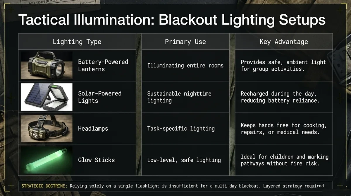 Tactical illumination — blackout lighting setups: lanterns, solar lights, headlamps, glow sticks