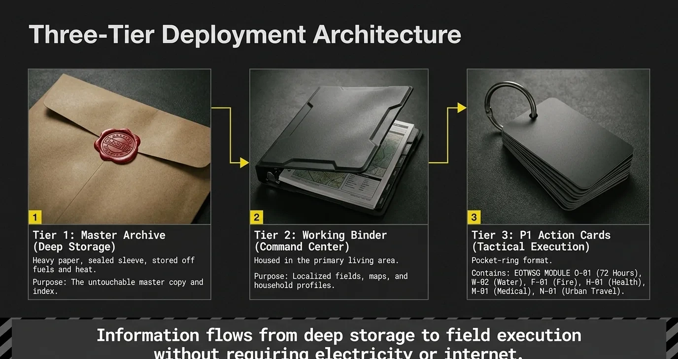 Three-tier deployment architecture — master archive, working binder, and P1 action cards